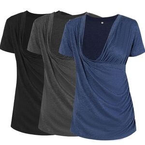 Women’s Short Sleeve Surplice Ruched Nursing Top - Blue, Charcoal, Black. NEW